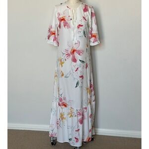NORACORA Floral Maxi Dress White‎ Pink Yellow Tassel Tie Neck Ruffle Sleeve S